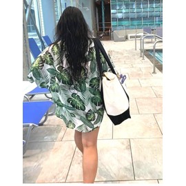 Women's Short Green Kimono Cover Ups Boho Summer Beach Palm Tree Leaf Print Chiffon Sheer Cardigan Hawaiian Tops Jungle Blouse L