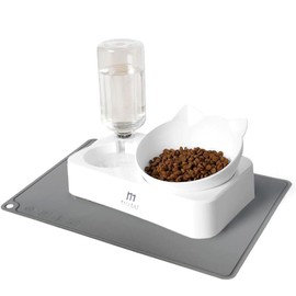 Marchul Cat Bowls with Mat, Cat Food and Water Bowl Set with Water Dispenser, 15° Tilted Cat Bowl for Indoor Cats, Raised Cat Bowl for Cats and Small Dogs
