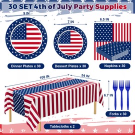 QZYL 122 PCS 4th of July Decorations, Patriotic Plates and Napkins, Disposable Fourth of July Paper Plate and Napkin Tablecloth Forks, American Flags Design Memorial Day Party Supplies