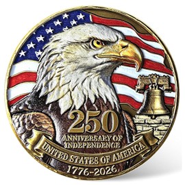 USA 250th Independence Anniversary Challenge Coin - High Relief Bald Eagle & Liberty Bell Commemorative Medal - Patriotic Keepsake Gift for Veterans, Collectors & History Buffs (Single Coin)