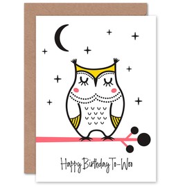 Wee Blue Coo Happy Birthday to Woo White Owl on Branch at Night Sealed Greeting Card Plus Envelope Blank Inside
