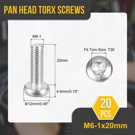 DTGN M6x20mm Pan Head Torx Security Screw - 20Pack - Good for Machinery - 316 Stainless Steel Button Head Torx Bolt Star Drive Security Fasteners - Silver Tone