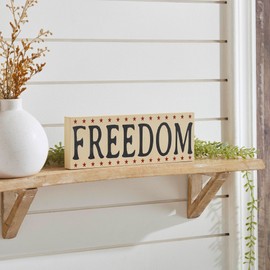 VHC Brands Patriotic FREEDOM w/Red Stars On MDF Block Sign 4x11x1, Independence Day Decor, Decorative Sign, Rustic Farmhouse Fourth of July Decorations, Light Tan, Navy Blue, Deep Red