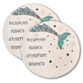 Ebros Nautical Marine Coastal Blue Mermaid Kisses Starfish Wishes Ceramic Dinnerware For Beach Party Hosting Kitchen And Dining Serveware (Round Dinner Plates 11"D, 2)