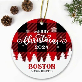 Merry Christmas Boston Massachusetts Ornament 2024 - Xmas Holiday Keepsake for Decor Boston MA Ornament Souvenir Gift Family Friends - New Home Ornament 3" Plastic