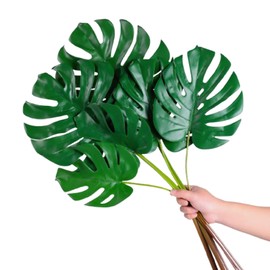 DuHouse 6Pcs Fake Monstera Leaves Artificial Greenery with Long Stems Large Faux Tropical Palm Leaves for Home Table Decoration Wedding Birthday Theme Party Decorations