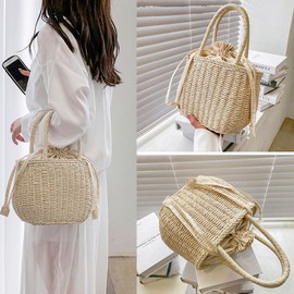 Cirsaeur Rattan Bag, Basket Bag, Rattan Bag, Women's, Tote Bag, Bucket Bag, Hand-woven Back, Round Shoulder Bag, Rattan, Large Capacity, Cute, Stylish, Beach Straw Bag, Tote Bag, Bucket Bag, Type, Summer Hand Knitted, Beach Straw Bag (Khaki)