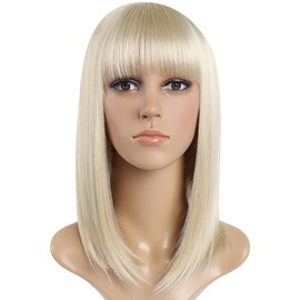 Bob Wig,Blonde Short Wigs SYXLCYGG Flame Retardant 14" Straight Silky Fluffy Synthetic Womens Hair Wig With Bangs Girl Cosplay Party White Women Daily(Free Wig Cap)