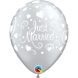 Qualatex 18653 Just Married Hearts Silver 11"/ 11-inch Round Latex Party Balloons (Pack of 25)