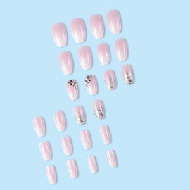 Gradient Pink Press On Nails Medium Square Fake Nails Glitter Rhinstone Acrylic Nails Full Cover Artificial Nails French Glossy False Nails Glue on Nails for Women Summer Nature Stick on Nails Set