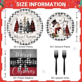 200 PCS Christmas Party Plates Napkins Farmhouse Tableware Set Buffalo Plaid Xmas Tree Snowman Dinnerware Set for Party Decorations Gingham Themed Winter Holiday Birthday Party Supplies for 50 Guests