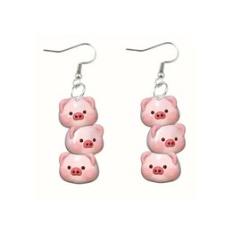Cute Pink Pig Dangle Drop Earrings Pig Head Funny Animal Earrings for Women Friends Jewelry-3 Heads