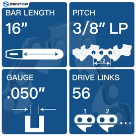 ZENTOP 16 Inch Chainsaw Chain 3/8" LP Pitch .050'' Gauge 56 Drive Links Low-kickback Fits Poulan P3816, Craftsman CMECS600, S160, S165, CMECS600, HOMELITE, Ryobi, S56 (3 Chains)