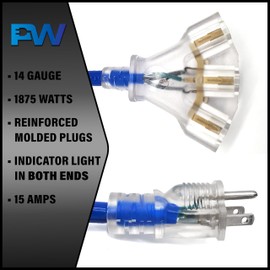 50 ft - 14 Gauge Heavy Duty Extension Cord - Lighted on Both Ends - SJTW Blue - Outdoor Extension Cord 50 ft by Premier Wire - 15 Amp Extension Cord (50 Foot 14-Awg Power Cord Blue)
