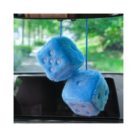 Moioee Pair of Retro Square, 3 inch Fuzzy Plush Dice with Dots, Car Mirror Hanging Decoration, Auto Rearview Mirror Ornament, Couple Pendant Charms, Car Interior Accessories (Blue-White)
