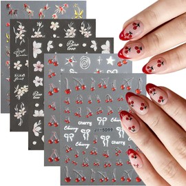 Fcozpjk Cherry Nail Stickers 5 Sheets Cherry Blossom Nail Decals Spring Summer Fruits Nail Decoration 5D Embossed Stickers for Nail Art Bows Stars Butterfly Flowers Nail Stickers Manicure Supplies