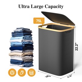 Foluck Large Laundry Hamper, 75L Waterproof Laundry Basket with Lid and Removable Bag, Collapsible Tall Clothes Hamper with Bamboo Handles for Clothes Toys in Dorm Bedroom Bathroom, Black