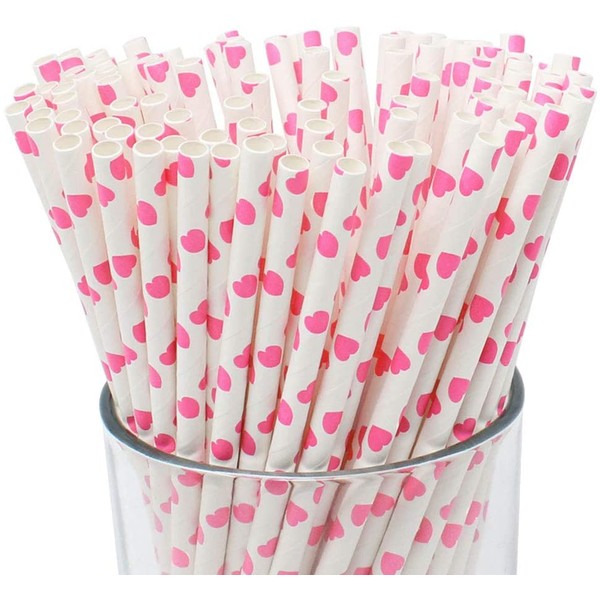 Just Artifacts Premium Biodegradable Disposable Drinking Paper Straws (100pcs, Pink Hearts)