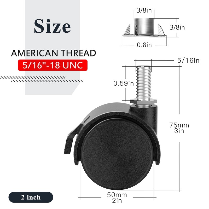 ANDUTEES 2 Inch Furniture Stem Casters Set of 4, Threaded