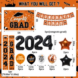 NUTTYBASH Graduation Decorations Class of 2024, Orange Graduation Party Decorations Set Includes Congrats Grad Backdrop Banner, 2024 Foil Balloons and Latex Balloons, Graduation Party Supplies