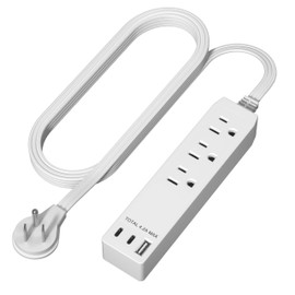 LIDER Outlet Extender with 3 Receptacles, USB Type-A and 2 USB Type-C Port, Ultra-Thin Flat-Plug with Cord Extender, 3-Outlet Power Strip, Slim Angled Design, Modern, 5ft Cord, White