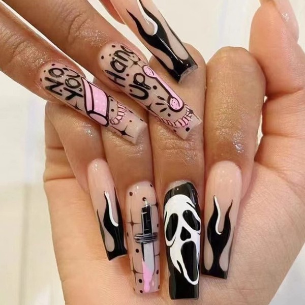 IMSOHOT Halloween Coffin Press on Nails Long Nude Acrylic Fake Nails Flame French Tips False Nails with Skeleton Ghost Designs Full Cover Glossy Glue on Nails Black Ballerina Nails for Women 24Pcs