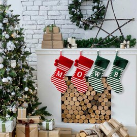 CRSMHLPK 20 Inches Initial Christmas Stocking Monogram Striped Christmas Stocking red Green with White Embroidered Letter Christmas decorations-01-Y-Red