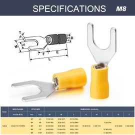 Chanzon UL Listed Insulated Fork Terminals M8 5/16" inch U-Type - 12-10AWG - Crimp Connectors Electrical Wire Yellow PVC Brass Copper - 30pcs Pack
