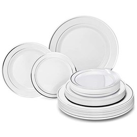 " OCCASIONS " 360pcs Pack 120 Guest Wedding Party Disposable Plastic Plate Set-120x9'' Luncheon + 120x7.5" Appetizer/Salad + 120x6.25'' Dessert plates - (White w/Silver Rim)