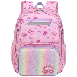 BrainyBees Kids Backpack for Girls - 15 Inch Backpack for Kids 3 to 8, Lightweight Bookbag for Preschool Kindergarten Elementary School, Insulated Pocket, Safe Reflective Stripe, Pink Butterfly