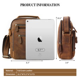 Ringsun Small Leather Travel Bag Zipper Crossbody Shoulder Bag Messenger Bag Mens Purse Bag, Leather Man Purse