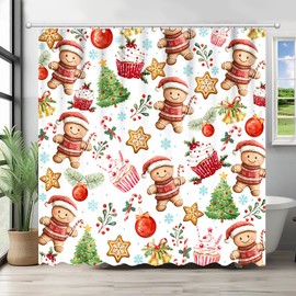 Fitumiw Gingerbread Shower Curtain 72" x 72" Christmas Cookies Candy Gingerbread Man Home Bathroom Decorations Santa Xmas Trees Bathtub Curtain Set with 12 Hooks