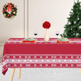 Trimming Shop Nordic Christmas Red Tablecloth with Reindeer & Snowflake Design, Waterproof Polyester Festive Table Cover with Table Runner Effect – Holiday Dining Room Decoration (90cm x 140cm)