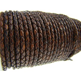 Plaited Leather Cord 3 mm Round Antique Brown. Length: selectable, Black , 5 metres