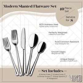 Vikko Silverware Set, Classic Design, Set of Elegant Flatware, Service for 8 Strong and Durable 18/10 Stainless Steel Flatware Set, 40 Piece Set, Dishwasher Safe