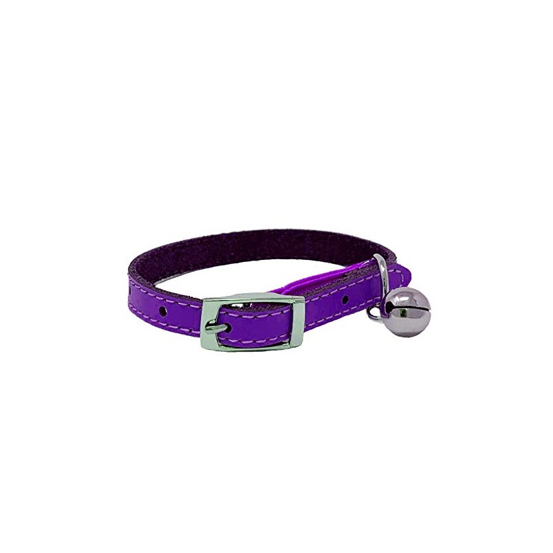 Cat Collar Real Leather with Safety Elastic, Bell, Available (Purple)
