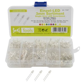 SeKi LED Assortment with 400 Pieces 3 mm LEDs - 10 Values; Red, Orange, Yellow, Green, Blue, Pink, Purple (UV), Yellow Green, White, Warm White - Super Bright