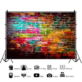AOFOTO 7x5ft Graffiti Brick Wall Photography Backdrop Colorful Brick Wall Vintage Art Portrait Background Young Boy Girl 80s 90s Punk Music Rock Hip Hop Birthday Party Decoration Photo Studio Props