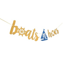 Boats N Hoes Gold Glitter Banner for Funny Nautical Theme Birthday/Bachelorette Party Anchor Cruise Banner Decorations