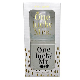 TMD Retail One Lucky Mr Mrs - 16 oz Stemless Wine Glass & 12 oz Rocks Cocktail Glass Gift Set - Bridal Shower, Wedding Gift, Anniversary Present