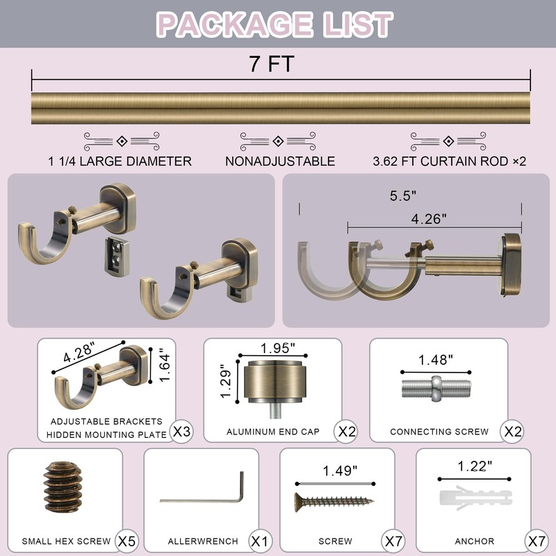 Lwiiom Heavy Duty Curtain Rods,1 1/4" Large Diameter Premium Nonadjustable