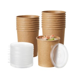 DealbyBox Disposable Kraft Paper Soup Cups with Lids, Paper Food Containers, Ice Cream Cups, To Go Bowls for Hot and Cold Food Combo Pack (250 Sets) (Kraft with PP Lid, 32oz)