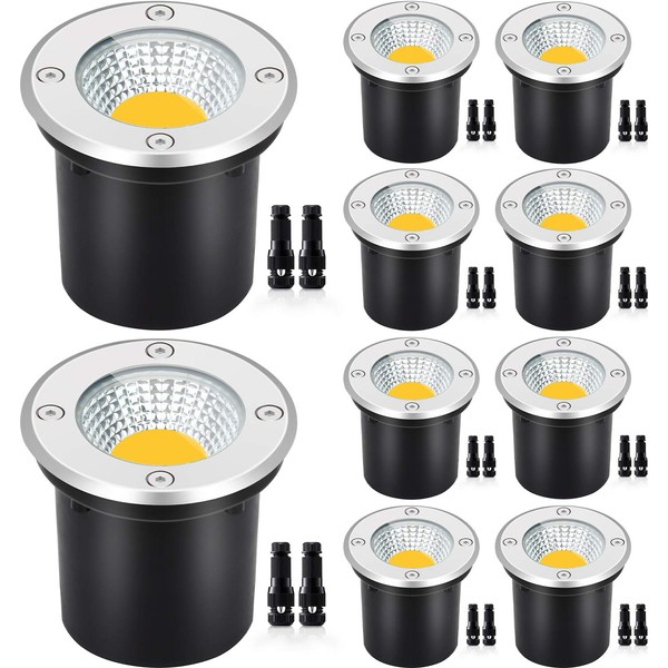 SUNVIE Low Voltage Landscape Lights with Wire Connectors 12W LED Well Lights IP67 Waterproof Outdoor In-Ground Lights 12V-24V Warm White Pathway Garden Lights for Driveway Deck (10 Pack & Connectors)