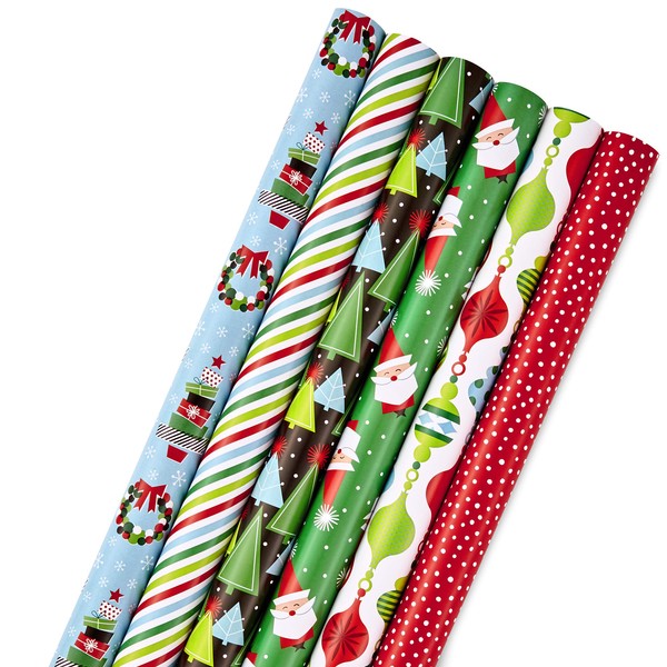 Hallmark Christmas Wrapping Paper Bundle with Cut Lines on Reverse, Modern Santa, Trees, Stripes (Pack of 6; 180 sq. ft. ttl.)