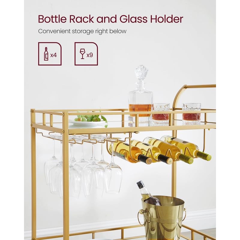 VASAGLE Bar Cart Gold, Home Bar Serving Cart, Wine Cart