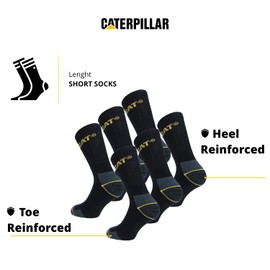 Caterpillar 6 pairs Men's Work Socks Accident Prevention Reinforced on Heel and Toe with Reinforced Weft CAT Yarn of Excellent Quality Cotton Sponge (Black, 6-11)