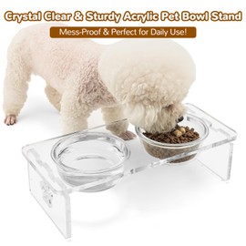 Clear Acrylic Elevated Dog Bowls with Writable Name Signs - 2×21oz Thick Glass & 2×Stainless Steel Bowls, 4.5" Height Raised Pet Feeder Stand, Food and Water Bowl Set for Cats Small Dogs