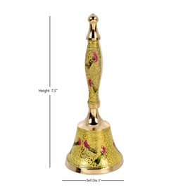 Brass Hand Bell Peacock Design | Indian Puja Bell for Temples and Diwali Decorations | Call Bell Wedding Bells Hand Held Bell Christmas Bell | 7.5 inch | Yellow
