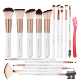 Real Perfection - Juego de brochas de maquillaje de 16 piezas con 1 navaja de cejas, brochas sintéticas premium para base, polvo, correctores, sombra 