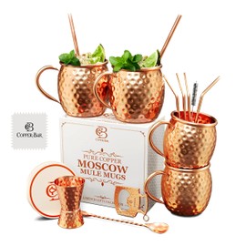 COPPER-BAR Moscow Mule Copper Mugs - Unique HANDCRAFTED Gift Set of 4, Hammered by Artisan, 100% Pure Solid Copper Cups 16oz for Drinking Water & Cocktails, Include 18 Pcs accessories & Special Opener